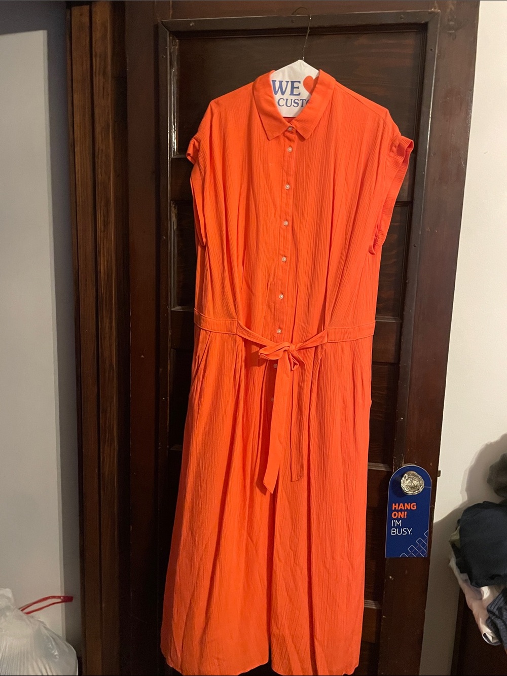 LOFT Vibrant Orange Button-Front Maxi Shirt Dress with Tie Waist